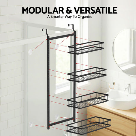 Artiss Over Door Bathroom Rack Hanging Organiser 4 Tier No Drill 91cm Black