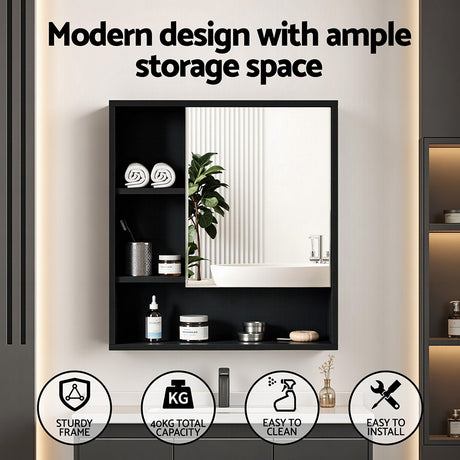 Cefito Bathroom Mirror Cabinet Mirrored Medicine Adjustable Shelf Wall Mounted 560mm Black