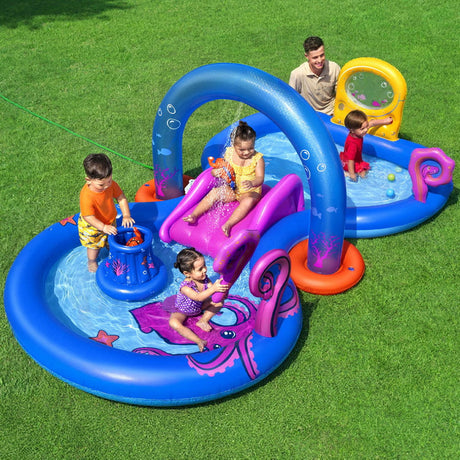 Bestway Kids Inflatable Play Splash Pool with Slide Ball Tossing Toys Coral Basket