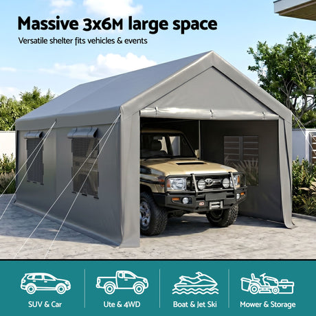 Instahut 3x6m Carports Canopy Tent Portable Garage Outdoor Steel Shelter Grey