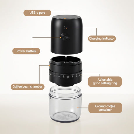 Devanti Electric Coffee Grinder USB-C Rechargeable Portable Coffee Bean Grinder with 40 Precise Grind Settings | Automatic Spice Nut Pepper Grinder Mill with Cleaning Brush & Ground Coffee Container for Home Office Camping Travel, Black