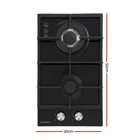 Devanti Gas Cooktop 30cm 2 Burner Built-in Stove Glass Cook Top NG LPG Wok Burner