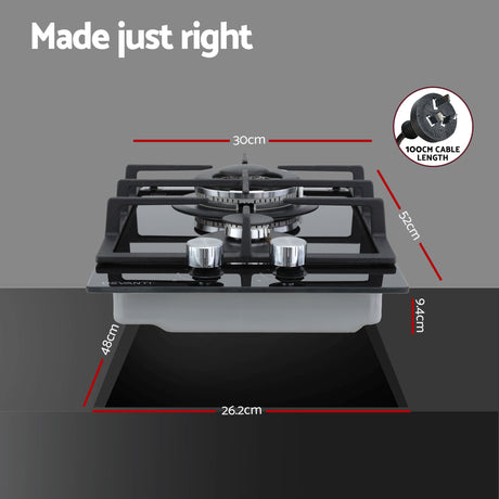 Devanti Gas Cooktop 30cm 2 Burner Built-in Stove Glass Cook Top NG LPG Wok Burner