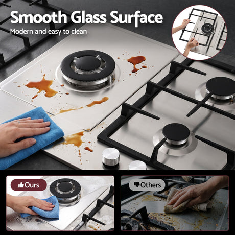 Devanti 59cm Gas Cooktop 3 Burner Knob Control Stainless Steel Hob Silver