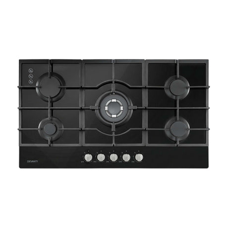 Devanti 90cm Gas Cooktop 5 Burner LPG NG Tempered Glass Hob Black