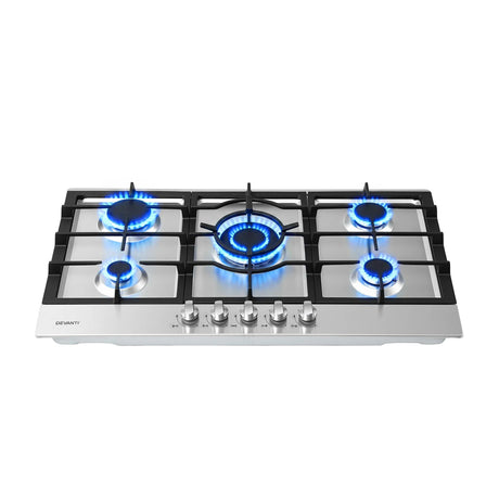 Devanti 90cm Gas Cooktop 5 Burner LPG NG Stainless Steel Hob Silver