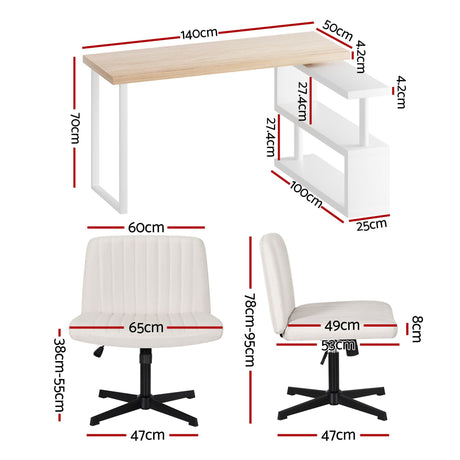 Artiss Office Desk & Chair Set 140cm Computer Desk with Rotatable Bookshelf & Criss Cross Office Chair Armless Swivel Chair, Home Office Study Workstation Furniture