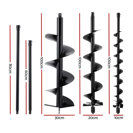 Giantz Post Hole Digger Auger Drill Bit Set 100mm 200mm 300mm Carbon Steel Black