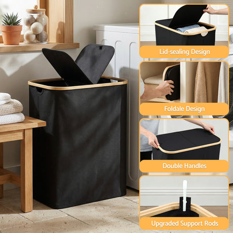 Artiss 2 Sections Laundry Basket with Removable Bags Foldable Black