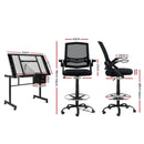 Artiss Drawing Table with Ergonomic Office Chair, Drafting Tables with Tempered Glass Desktop, Removable Drawers, Drafting Stool with Height Adjustable for Artwork Painting Studio
