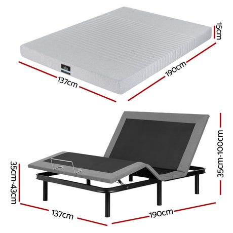 Artiss Double Bed Frame and Giselle Bedding Double Memory Foam Mattress Set, Electric Bed Base with Zero Gravity & 7 Zone Cooling Comfort for Back Pain Relief, Black & Grey,15cm Thickness