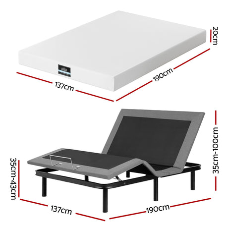 Artiss Double size bed frame & Giselle Bedding Double Mattress Combo, adjustable bed Base for Snoring Relief, Independent Head Foot Incline, Wireless Remote, Black,20cm Thickness