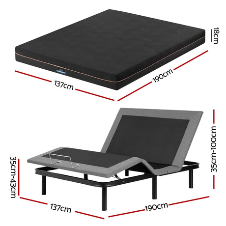 Artiss Double size bed frame with Giselle Bedding Double Mattress, adjustable bed Base Combo for Snoring Relief, Independent Head Foot Incline, Wireless Remote, Black,18cm Thickness