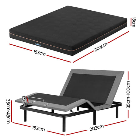 Artiss Queen size bed frame with Giselle Bedding Queen Mattress, adjustable bed Base Combo for Snoring Relief, Independent Head Foot Incline, Wireless Remote, Black,18cm Thickness