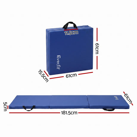 Everfit 180x60cm Gymnastics Mats Folding Exercise Floor Mat Portable 3 Fold Tumbling Mat Blue