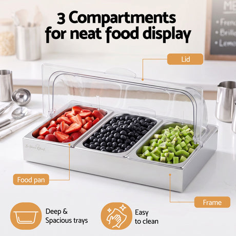 5-Star Chef 3 Pan Food Serving Display Stainless Steel with Clear Roll Top Cover