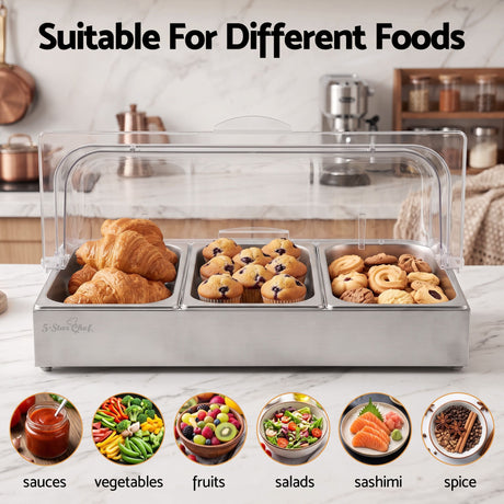 5-Star Chef 3 Pan Food Serving Display Stainless Steel with Clear Roll Top Cover