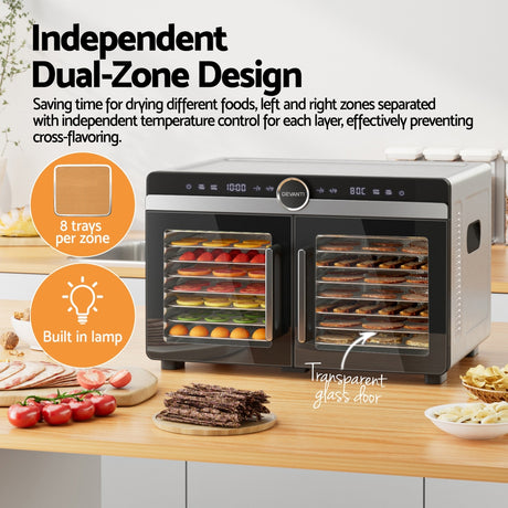 Devanti 16 Trays Food Dehydrator Dual-Zone Stainless Steel