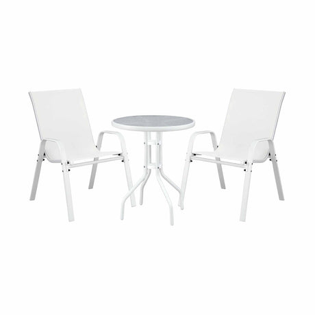 Gardeon 3PC Outdoor Bistro Set Table and Chairs Stackable Patio Furniture White