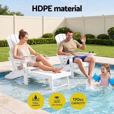 Gardeon Folding Sun Lounger Adirondack Chair Outdoor Lounge Setting HDPE Recliner Footrest White