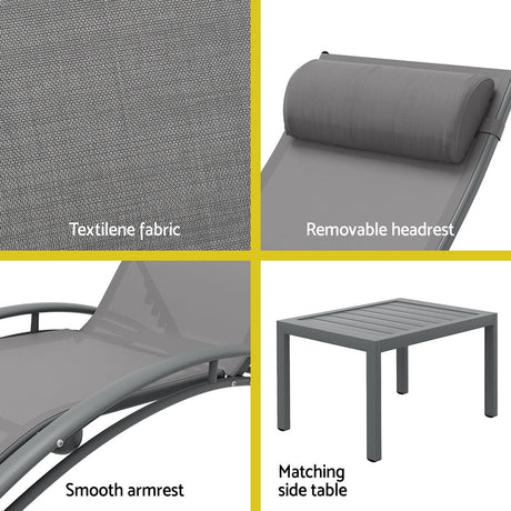 Gardeon 3PC Sun Lounge Outdoor Lounger Steel Table Chairs Patio Furniture Grey