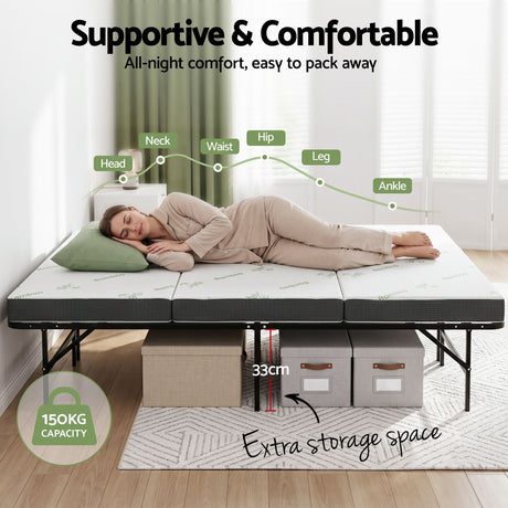 Giselle Folding Bed with Mattress Double Portable Foldable Guest Bed Bamboo Cover