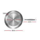 5-Star Chef 30cm Stainless Steel Frying Pan Uncoated Frypan with Tri-Ply Body Silver