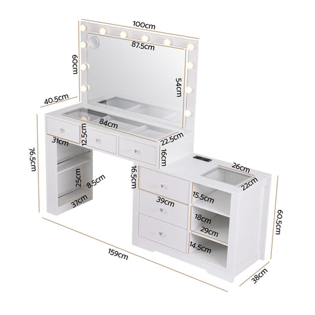 Artiss Dressing Table Mirror Charging Station Glass Top Makeup Vanity Desk RGB Cabinet Storage Drawers Hairdryer Holder White