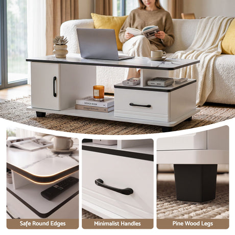 Artiss Coffee Table Marble Finish Center Table with Storage Drawer Cabinet Wood White