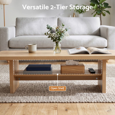 Artiss Coffee Table 110cm Center Table with 2-Tier Open Storage Shelf Wood