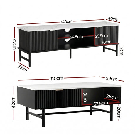 Artiss TV Unit & Coffee Table Set Storage Shelf Black