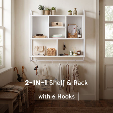 Artiss Floating Wall Shelf 6 Hooks Wall Mounted Storage Cubby Rack 73.5x74CM White