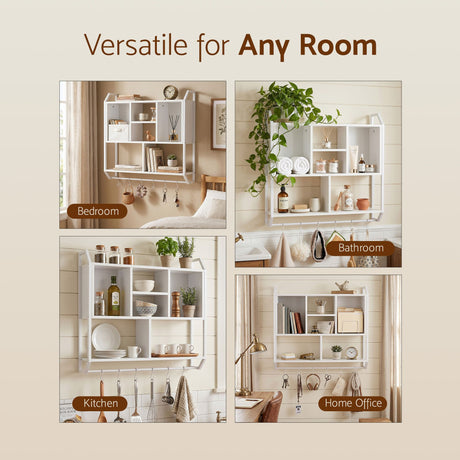 Artiss Floating Wall Shelf 6 Hooks Wall Mounted Storage Cubby Rack 73.5x74CM White