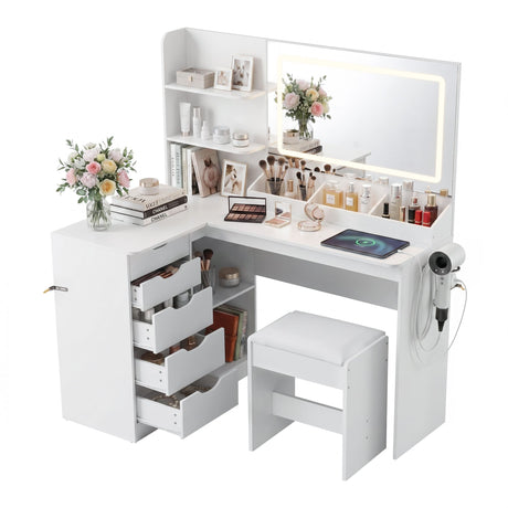Artiss Dressing Table Corner Vanity Desk Set Stool LED Charging Station White