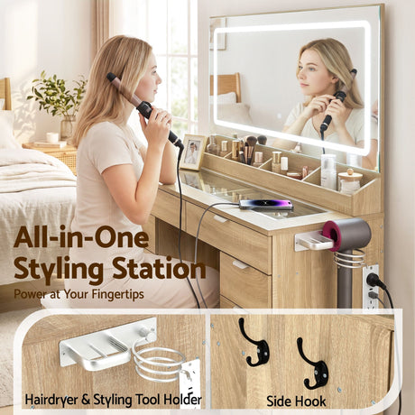 Artiss Dressing Table Makeup Vanity Desk Large LED Mirror 10 Drawers Power Outlet Hair Dryer Holder Hook Wood
