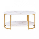 Artiss Coffee Table 2 Tier Oval Marble Finish Storage Shelf Metal Frame Center Table Living Room 100x50x45cm White & Gold