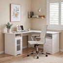 Artiss Office Desk and Chair Set L Shape Computer Desk 150cm with Storage Cabinet & Drawers, Ergonomic PU Leather Office Chair, White Home Office Furniture
