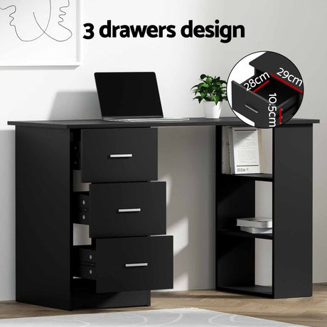 Artiss Office Desk & Chair Set 120cm Computer Desk with 3 Drawers & Open Shelves, Ergonomic Armless Office Chair with Wheels, Height Adjustable for Home Office Study
