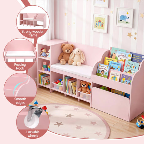 Keezi Kids Storage Unit Bookshelf Toy Box Organiser Bench Seat Cabinet 170cm Pink
