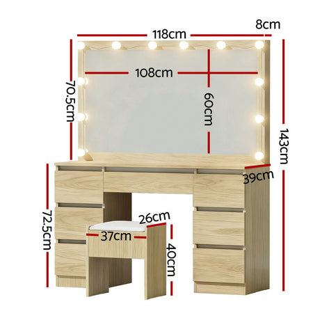 Artiss Dressing Table Vanity Desk Set Stool 12 Led Bulbs Wood