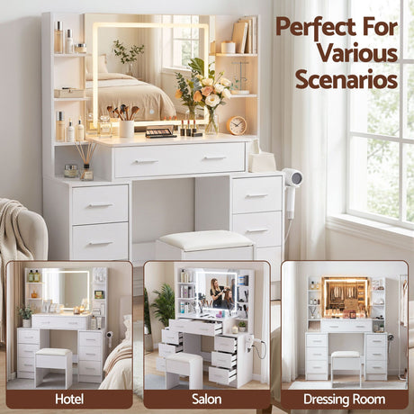 Artiss Dressing Table Vanity Desk Set Stool LED Charging Station White