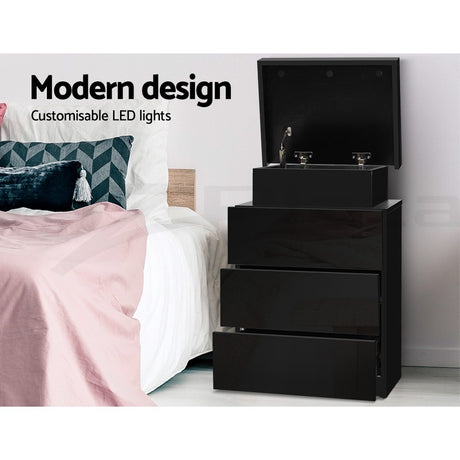 Artiss 2X Bedside Table LED 3 Drawers - COLEY Black