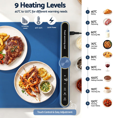 Devanti Food Warming Mat 80cm Electric Food Warmer Roll Up Buffet Tray Blue