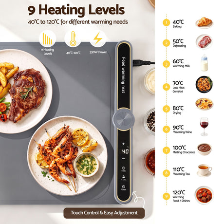 Devanti Food Warming Mat 80cm Electric Food Warmer Roll Up Buffet Tray Grey