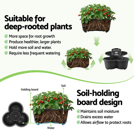 Green Fingers 5 Tier Vertical Garden Planter, Stackable Planters with 4 Wheels, Black, Raised Garden Bed, Garden Tower Indoor Outdoor, Auto Drainage System, for Strawberries, Herbs, Flower, Vegetables