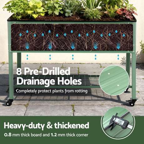 Green Fingers Elevated Raised Garden Bed Kit Mobile w/ Locking Wheels & Storage Shelf 100KG Max Load 115x60x81cm | Galvanized Steel, Portable Green Organizer for Seniors, Patio, Balcony, Vegetables