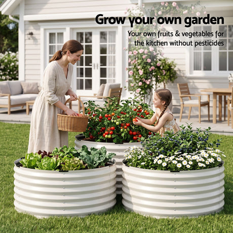 Green Fingers Round Metal Raised Garden Bed 90x45cm Planter Box White
