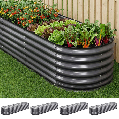 Green Fingers 4 Pcs Raised Garden Bed Kit Oval Galvanized Steel Planter Boxes 320x80x56cm, Heavy Duty Metal Elevated Garden Bed for Vegetables Flowers Herbs, with Safety Edging, Gloves & Pegs Included