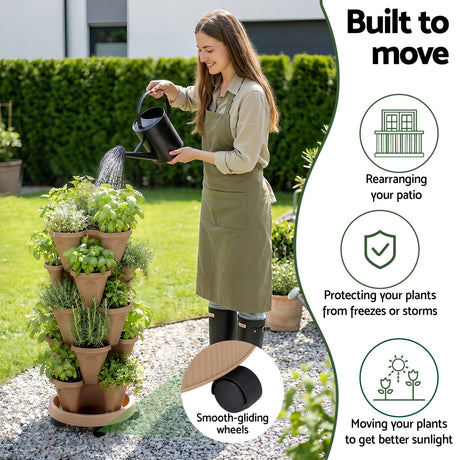Green Fingers Garden Bed 5 Tier Vertical Garden Grey Strawberry Stackable Planters Herb Petunias Tan