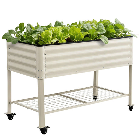 Green Fingers Mobile Raised Garden Bed With Wheels Storage Shelf 81cm Height for Vegetables Herb White